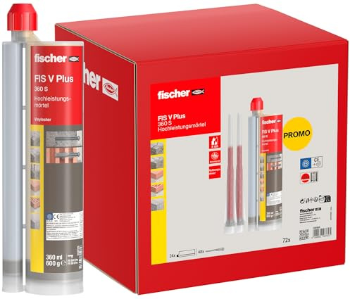 fischer Hochleistungsmörtel FIS V Plus 360 S im Umkarton, Injektionsmörtel mit ETA-Zulassung, für Beton und Mauerwerk, auch für wassergefüllte Bohrlöcher, 24 x 360 ml Kartuschen und 48 x Statikmischer