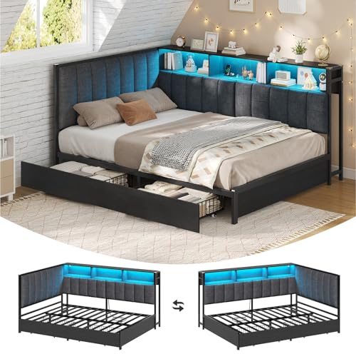 4ft6 Double Bed Frame with 2 Drawers, Double Daybed with High Upholstered Headboard, Charging Station and LED Lights, Double Bed 135X190 cm with Open Shelf, Reversible Left/Right Hand Assembly, Grey