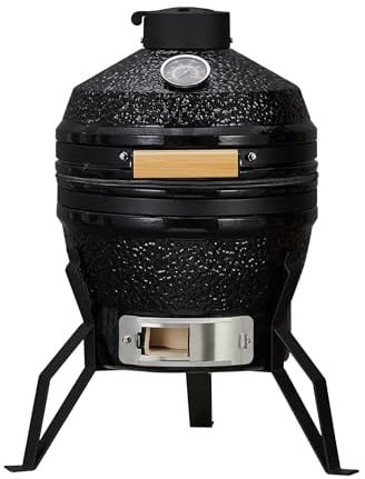 Garvee Barbecue Kamado in Ceramica da 13 Pollici (Ø 33cm), Mini Griglia a Carbonella con Termometro Integrato e Supporto, Affumicatore Portatile per Giardino, Balcone e Campeggio, Nero Lucido