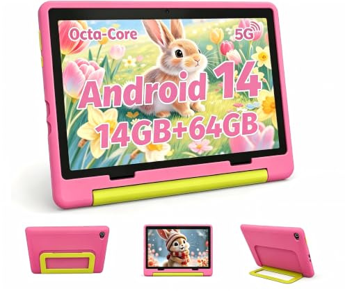 MUISOO 10 Zoll Kinder Tablet mit Hülle, Android Tablet für Kinder 3-12 Jahren, 14GB+64GB (1TB TF Expand), Octa Core CPU, 1280 * 800 HD Display, WiFi 6, BT5.3, Dual Kamera Tablets Tab Pad, Rosa