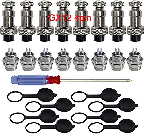 QitinDasen 8Pcs GX12 4-Broches Aviation Connecteur, 5A 12mm Mâle & Femelle Métal Panneau Aviation Connecteur Fiche Prise, avec Caoutchouc Capuchon et Tournevis