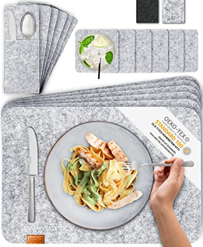 MIQIO Tischset aus Filz - 18er Tisch Untersetzer-Set - Filz Tischset abwaschbar - 6 Platzsets, Glasuntersetzer, Bestecktaschen | hellgrau | Filzuntersetzer eckig - Platzdeckchen für Weihnachten