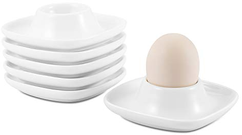 Flexzion Keramik Eierbecher Set, 6er Porzellan Eierhalter mit Ablage, Eierteller Eierplatte Eierbehälter Eierträger Eierständer für Zuhause Küche Kühlschrank Restaurant Frühstückset, Weiß (6er Pack)