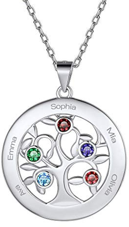 Suplight Collier Pendentif Prénom personnalisé 5 Pierres Rond Argent 925 Arbre de Vie chaîne de Voiture 45cm+5cm pour Femme Fille Couple Famille Couleur Argent