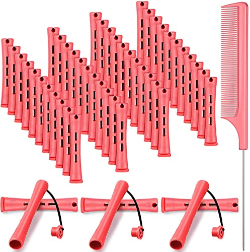 48 Stücke Haarwelle Stangen Kurze Kaltwellenstangen Kunststoff Dauerwelle Stangen Lockenwickler Lockenwickler mit Stahl Spießente Kamm Rattenschwanz Kamm für Friseur (Rosa, 0,51 Zoll)