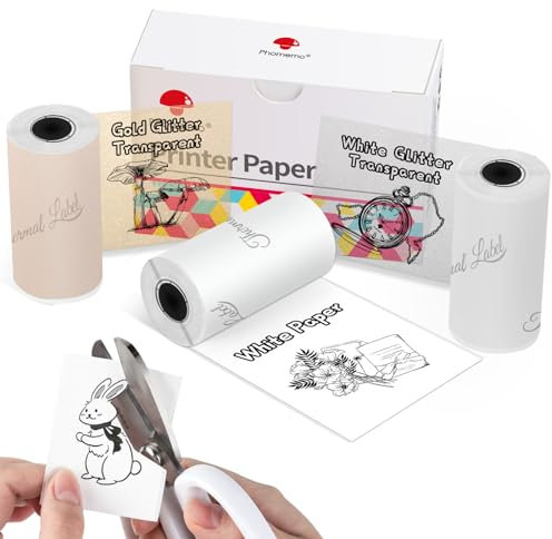 Phomemo Papier für Phomemo T02, M02, M02S, M02PRO, M03, M03AS, M04S, M04AS, Weiß/Gold Glitter Transparent/Weiß Glitter Transparent Papier, 53 mm x 3,5 mm, 3 Rollen