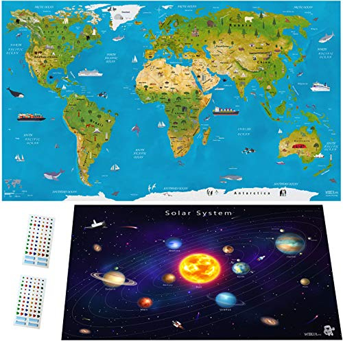 WIDETA Mappa del mondo illustrata in italiano, per bambini e adulti/Poster XXL (82 x 44 cm), Carta solida plastificata (grammatura 300g/m²)/ Bonus poster del sistema solare e adesivi 3D
