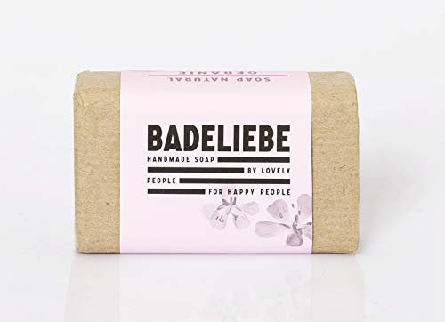 BADELIEBE Hartes Seifenstück mit Geranie, Oliven- & Kokosnuss-Öl – 115 g vegane Hartseife als Seifenbasis für Hände, Gesicht & Körper – Frei von Palmöl und Tierversuchen