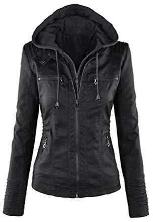 LucaSng Femme à Capuche Veste Simili Cuir Femme Motard Style Manteau, Veste Courte Elegante De Style Moto pour Femmes, Blouson Faux Cuir Manches Longues (Noir, S)