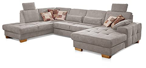 CAVADORE Wohnlandschaft Puccino mit Federkern, Sitztiefenverstellung und 2 Kopfstützen / Sofa in U-Form im Landhausstil / 340 x 86 x 224 cm / Mikrofaser Hellgrau