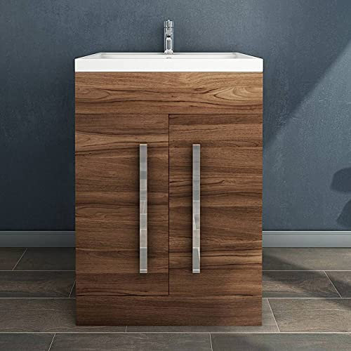 NRG Walnut Bathroom Furniture Freestanding Vanity Unit & Basin 600mm Cabinet Unit Storage