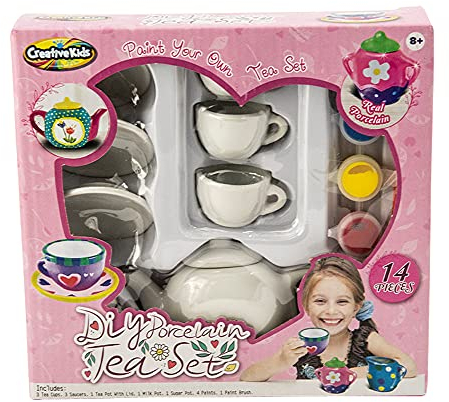 Juego de té para accesorios de cocina para niños, juego de té de porcelana de 14 piezas con ollas, pinturas y pincel de pintura para niñas y niños
