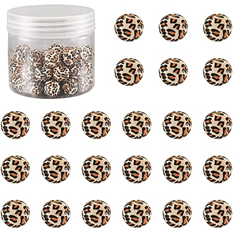 Craftdady Runde Naturholzperlen mit Leopardenprint, Tiermotiv-Abstandsperlen für Schmuckherstellung, Armbänder und Halsketten, 50 Stück, 13 mm, Lochdurchmesser 3 mm