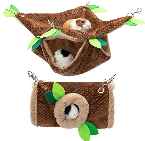 ORZECHKO Small Animal Hammock - Hanging Hammock & Tunnel Hideout for Guinea Pig Hamster Parrot Rat Chinchilla - Warm Swing Plush Cage Bed Washable Pet Hammock