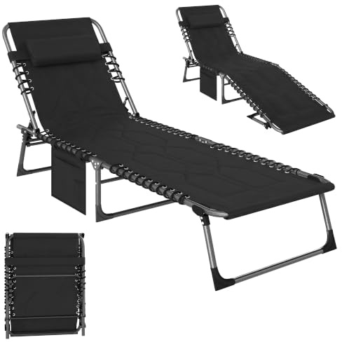 Outsunny Sonnenliege Klappbare Gartenliege Kopfkissen Seitentasche Schwarz | Liegestuhl, 5-Fach Verstellbare Rückenlehne, Wetterfeste Campingliege, Bis 120 kg Belastbar, für Garten Strand Pool
