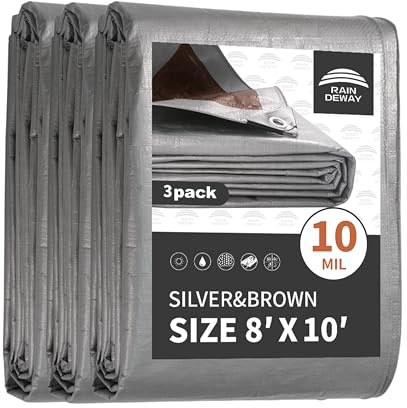 RAINDEWAY 3 Pack Heavy Duty 8ft x 10ft Waterproof Tarpaulin with Metal Grommets and Reinforced Edges, Silver/Brown Tarpaulin