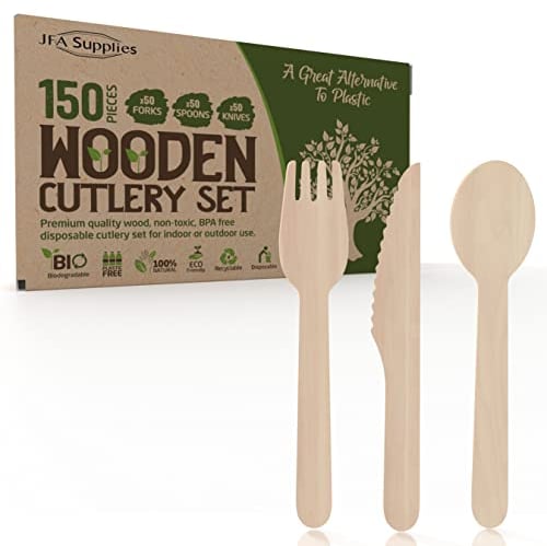 JFA Supplies 150PCS Disposable Wooden Cutlery Set, 50x Forks, 50x Knives, 50x Spoons, Biodegradable, Party, Parties, Picnics