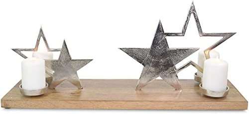 Riffelmacher & Weinberger XL Holz Adventskerzenhalter mit Sternen - Silber 68x20x30 cm | 24614 - Adventskranz