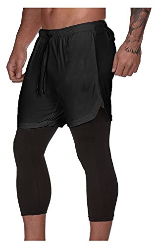 2in1 Kompressionshose Herren Sport Leggings Mit 3/4 Laufhose und Trainingsshorts Mit Tasche, Atmungsaktiv Schnelltrocknend für Fitness, Radfahren, Training, Yoga, Wandern