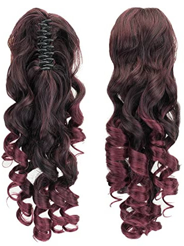 IMISSU Clip lunga coda di cavallo artiglio riccio sull'estensione dei capelli mandibola coda di cavallo pezzo di capelli per le donne (Nero Ombre Borgogna)
