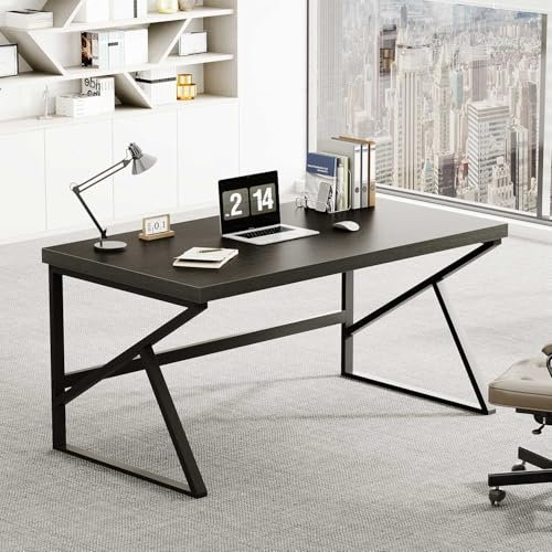 HSH Black Computer Desk, Modern Industrial Home Office Desk, PC Desk for Student Work Writing Study Gaming, Metal Wood Computer Table in Bedroom Workstation, Study PC Work Gaming Desks, 140cm