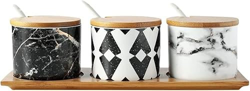 GImLY Pot à Condiments Assaisonnement Boîte Pot à épices en céramique Texture marbre Ustensiles de Cuisine avec cuillères Couvercles et Plateau, Lot de 3