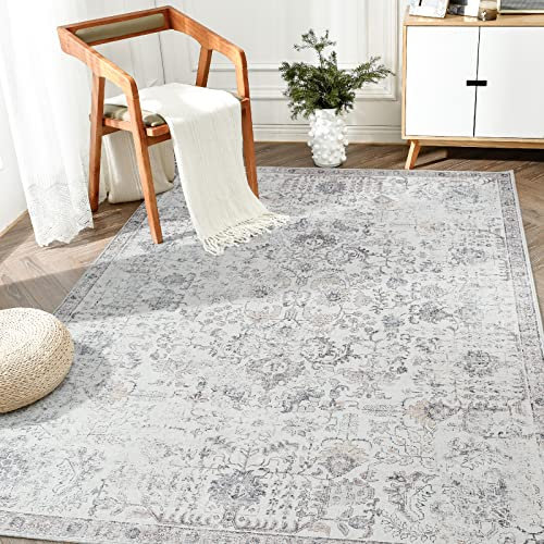 TOPICK Rug 90x150cm Washable Entrance Door mat Boho Vintage Floral Grey Rug Non Slip Lightweight Carept for Living Room Bedroom Bathroom