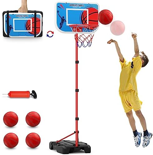 HYES Basketballkorb Kinder, Höhenverstellbar Tragbarer Basketballständer Indoor Outdoor, Basketball Backboard Hoop Set mit Package Design und 4 Balls (80-160cm)