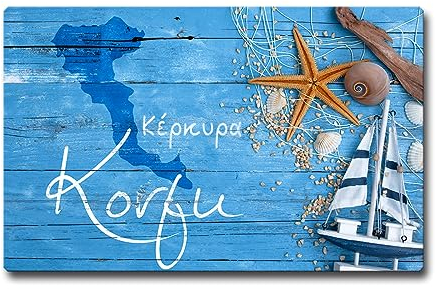 TRIOSK Kühlschrankmagnete Griechenland Magnet Insel Korfu Spruch Souvenir Geschenk Mediterran Greece Corfu für Reiselustige Frauen Männer Kühlschrank stark eckig groß 85x55 mm