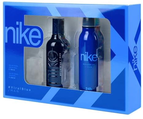 NIKE - Viral Blue Colonia 100 ml + Desodorante en Spray 200 ml, Estuche de Regalo Hombre, Eau de Toilette Natural y Masculina, Aroma Cítrico, Fragancia Fresca, Inolvidable y de Larga Duración