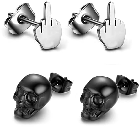 Silber Mittelfinger Schwarzer Schädel Edelstahl Ohrringe - Gothic Ohrringe für Hip Hop, Punk und Jazz