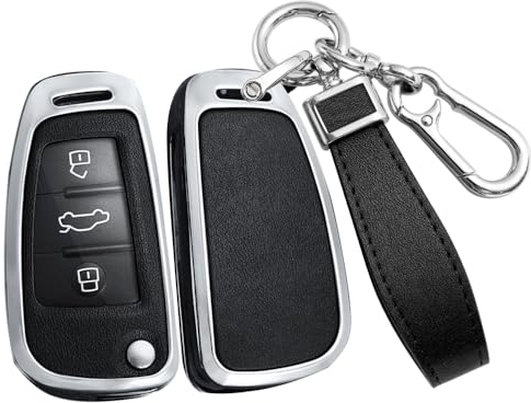 ontto Autoschlüssel Hülle Passt für Audi A1 A3 8P A4 A5 A6 A7 S3 S7 Q2 Q3 Q5 SQ5 C5 C6 TT RS3 Schutzhülle Metall PU Leder Schlüsselhülle Fernbedienung Cover Schlüsselanhänger 3 Tasten-Silber Schwarz