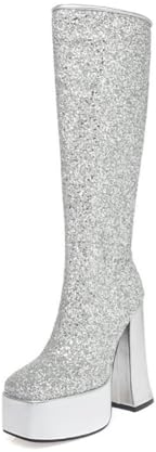 WeFloHsL Stivali Alti al Ginocchio con Plateau E Tacco Largo Glitter Punta Quadrata da Donna,Argento,37 EU