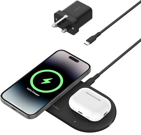 Belkin BoostCharge Pro 2-in-1 Wireless Charging Pad with Magnetic Qi2 15W, Fast Charging iPhone Wireless Charger Compatible with iPhone 16/15/14 Series, AirPods, MagSafe Enabled Devices - Black