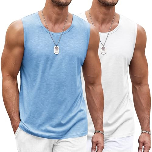 COOFANDY Herren Tank Top Ärmelloses Shirt Leicht Fitness Muskelshirt Schnelltrocknendes Gym Achselshirt Sleeveless Funktionsshirt für Männer Weiß/Hellblau (2 Stück) XL