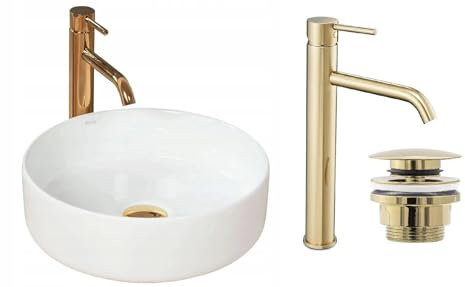 GTM Design Aufsatzwaschbecken Set mit Waschtischbatterie und Stopfen - Aufsatzwaschbecken Oval für Badezimmer - Modern Waschbecken ohne Hahnloch - Waschbecken mit Armature - Modell 13