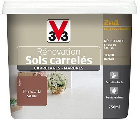 V33 Peinture Rénovation Sols Carrelés (Carrelages - Marbres) 2 en 1 Satin Terracotta 0,75 L