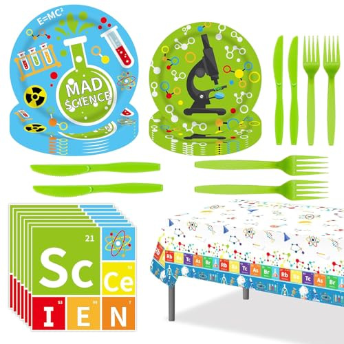 Science Party Supplies Tableware Set for Birthday Party Decorations | Scientist Physical Chemical Experiments Themed Party Include Tablecloth, Paper Plates, Napkins and Tableware Set for Party