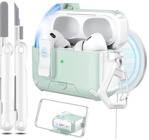MHYALUDO Funda para AirPods Pro de 2/1 generación, Compatible con Magsafe, Bloqueo automático magnético, Puerto de Carga a Prueba de Polvo y diseño de Soporte con Kit de Limpieza, Blanco/Verde Menta