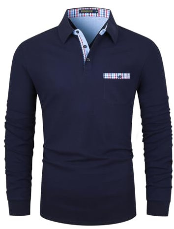KUNJLELP Men's Premium Long Sleeve Polo Shirt Casual Cotton T-Shirt with Real Pocket,Blue 37,L