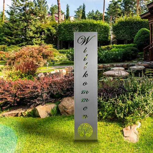 gardivo Gartendeko Willkommensschild für Außenbereich 115cm 3 Farben Verschiedene Muster in den Boden stecken Schild Metall Rost Anthrazit mehr (Edelstahl, Natürlich)