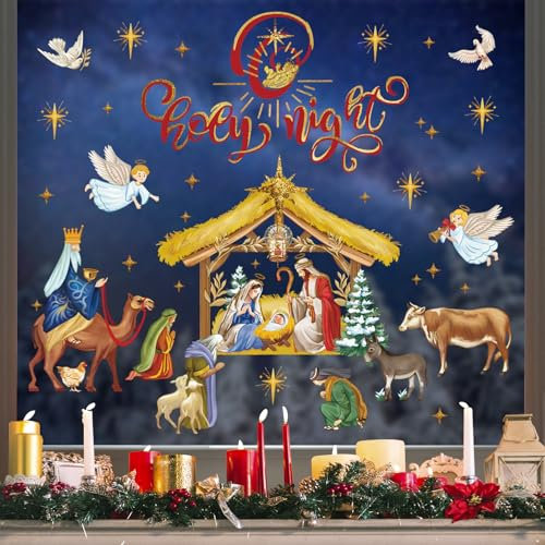 wondever Fenstersticker Nativity Krippe Jesus Fenster Aufkleber Weihnachtsaufkleber Weihnachtskrippe Fensterbilder Fensteraufkleber Anti-Kollision Doppelseitig Glasaufkleber Weihnachten Deko