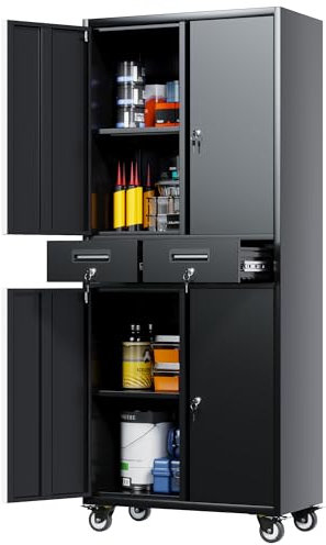 SUPEER 180cm Aktenschrank,Metallgarage-Lagerschrank mit 4-Rädern und 2-Schublade, Rollwerkzeug-Lagerschrank mit Verriegelungstüren und verstellbaren Regalen, Heavy Duty Stahl Werkzeugschrank(Schwarz)