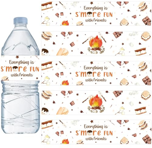 Sursurprise S’Mores Party Decorations, 52PCS S’Mores Water Bottle Labels, Camp Water Bottle Wrappers for S’Mores Baby Shower Birthday Decorations Camping Campfire Camper Party Supplies