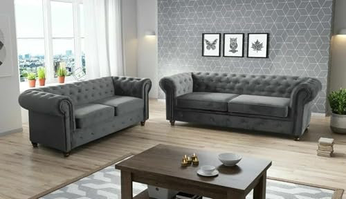 Easy4You Chesterfield Grau Plüsch Velvet Set 3-Sitzer + 2-Sitzer Sofa Sofas für Wohnzimmer Sofagarnituren mit Holzfüße Set Sofas & Couches