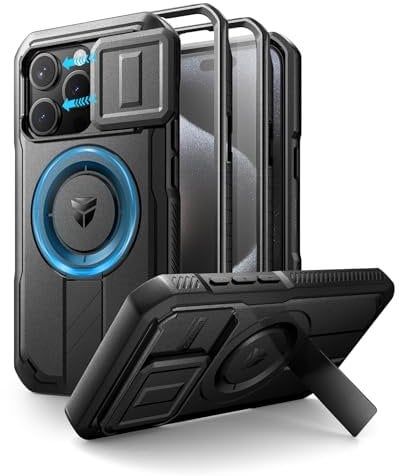 Dexnor for iPhone 15 Pro Magnetic Case With Slide Camera Cover & Adjustable Kickstand & Built-in Screen Protector, Rugged Shockproof Bumper Cases Heavy-duty Cover - Night Black