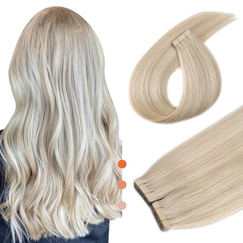 XDhair Tape Extensions Echthaar Ashblond Highlight Gebleichtes Blond 20pcs 50g 55cm Tape in Extensions Echthaar Seidig Gerade Remy Tape Haarverlängerungen (#18P/613-22）