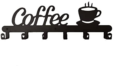 YIWEOG Gancho de almacenamiento Soporte de metal para tazas de café, gancho con forma de café, 6 ganchos para colgar tazas de café, montaje en pared, sin perforaciones, gancho de metal para almacenami