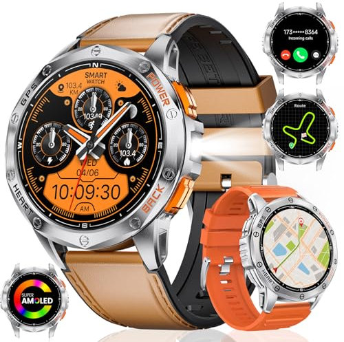 GPS Smartwatch Herren mit LED Taschenlampe,1.43‘’Amoled Display,Fitnessuhr mit 530 mAh Große Batterie,10ATM Wasserdicht,120+ Sport Modi,Herzfrequenz/Schrittzähler/Höhenmesser/Kompass für Android/iOS