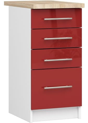 AKORD | Mueble de Cocina con encimera - Oliwia S40 | Mueble Base con 4 cajones | Mueble de Entrada | Aparador | Isla | Armario | 46 x 40 x 85 cm | Blanco | Rojo Brillante